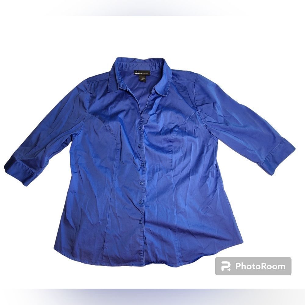 Lane Bryant blue fitted button up Blouse 3/4 length sleeve, Women's 16